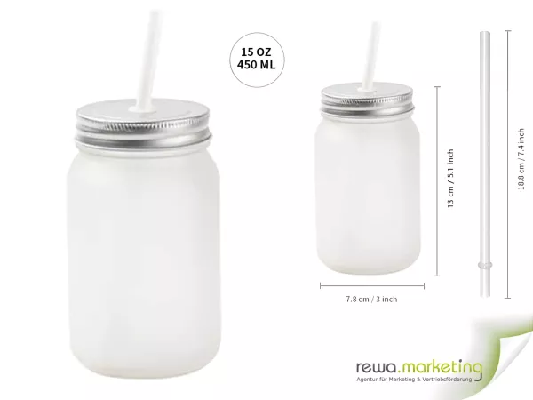 Trinkbecher - Mason Jar - satiniert mit Strohhalm in Weiss / Transparent