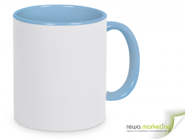 Color- Keramik- Kaffeebecher hellblau / weiß inkl. personalisiertem Aufdruck