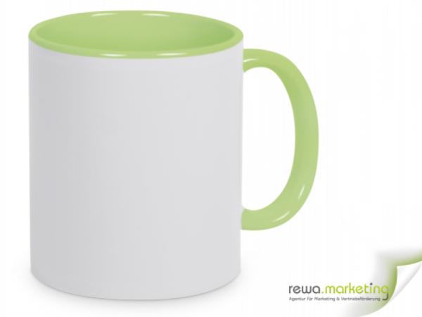 Color- Keramik- Kaffeebecher hellgrün / weiß inkl. personalisiertem Aufdruck