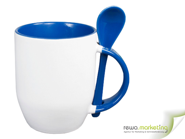 Ceramic mug - color mug with spoon, interior, handle and also the spoon in Blue, incl. individual desired imprint