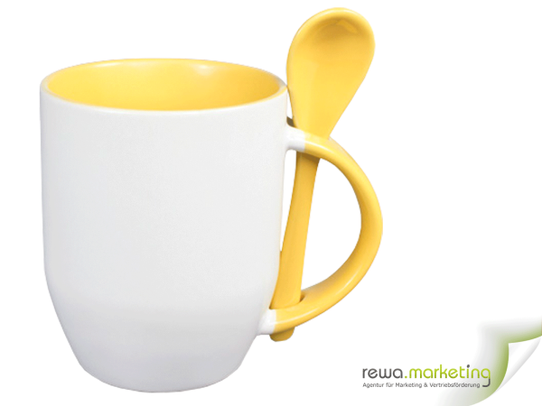 Ceramic mug - color mug with spoon, interior, handle and also the spoon in yellow, incl. individual desired imprint
