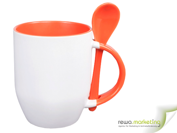 Ceramic mug - color mug with spoon, interior, handle and also the spoon in Orange, incl. individual desired imprint