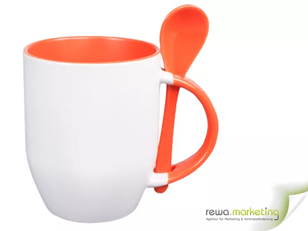 Keramiktasse - Color- Tasse mit Löffel, Innenbereich, Griff und auch der Löffel in Orange, ​inkl. individuellem Wunschaufdruck