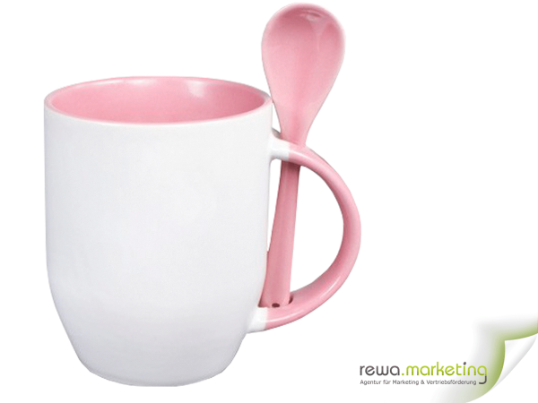Ceramic mug - color mug with spoon, interior, handle and also the spoon inpink, incl. individual desired imprint