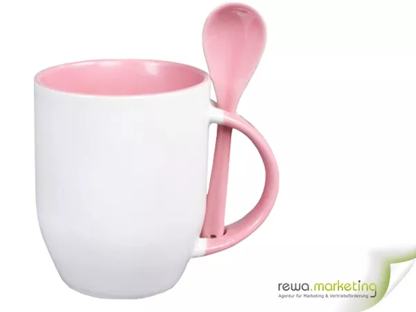 Keramiktasse - Color- Tasse mit Löffel, Innenbereich, Griff und auch der Löffel in Rosa, ​inkl. individuellem Wunschaufdruck