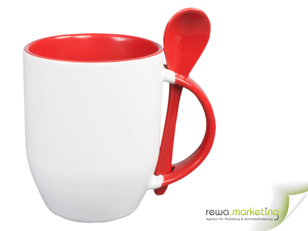 Ceramic mug - color mug with spoon, interior, handle and also the spoon in Red, incl. individual desired imprint