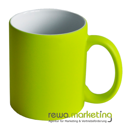 Coffee mug in rich neon yellow with a matt finish including a print