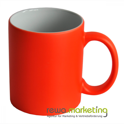 Coffee mug in rich neon orange with a matt finish including a print