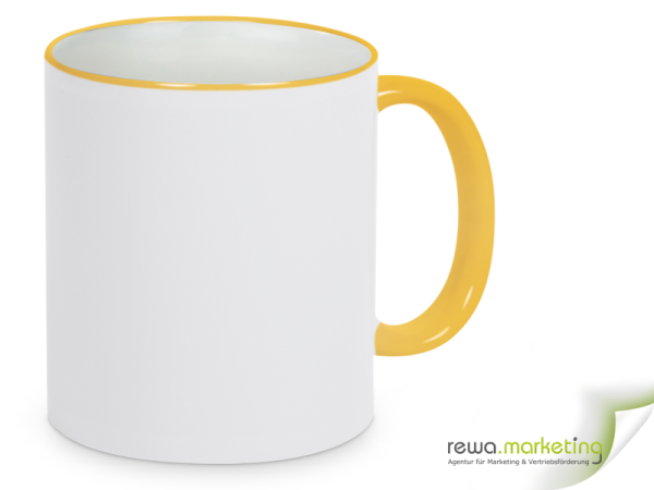 Ring- Keramik- Kaffeebecher gelb - weiß inkl. individuellem Aufdruck