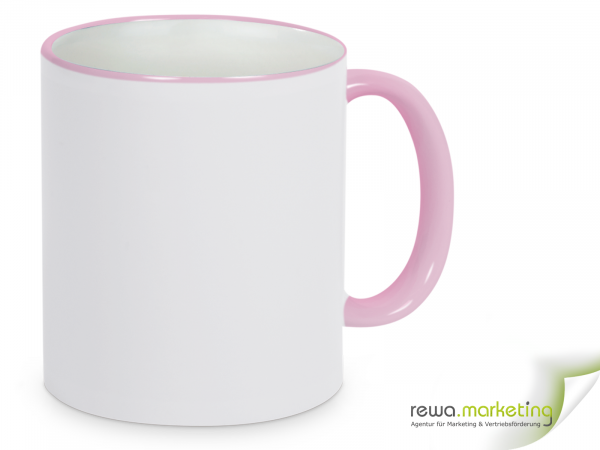 Ring- Keramik- Kaffeebecher rosa - weiß inkl. individuellem Aufdruck