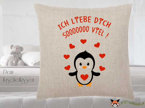 Baby penguin pillow with hearts - I love you so much