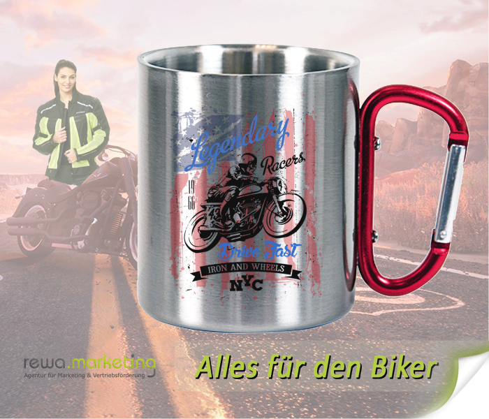 Stainless steel mug with carabiner handle for bikers with motif - Legendary Racers