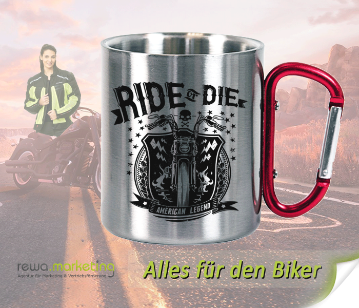 Stainless steel mug with carabiner handle for bikers with motif - Ride or Die - AMERICAN LEGEND