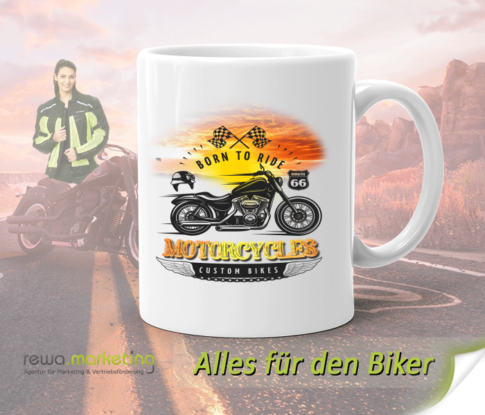 Keramik Kaffeetasse / Becher für Biker mit Motiv - Born to Ride MOTORCYCLES