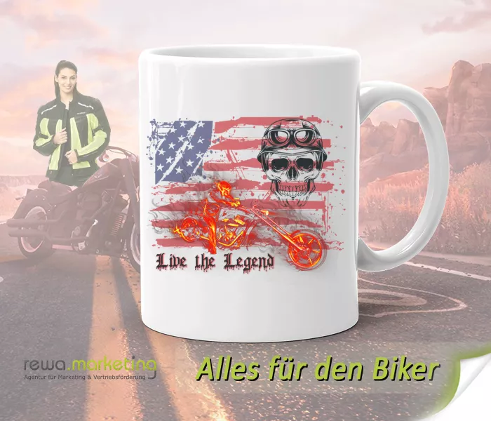 Keramik Kaffeetasse / Becher für Biker mit Motiv - Live the Legend Keramik Kaffeetasse / Becher für Biker mit Motiv - Live the Legend