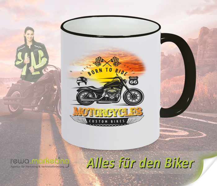 Keramik Ring Kaffee Tasse schwarz - weiss für Biker mit Motiv - Born to Ride MOTORCYCLES
