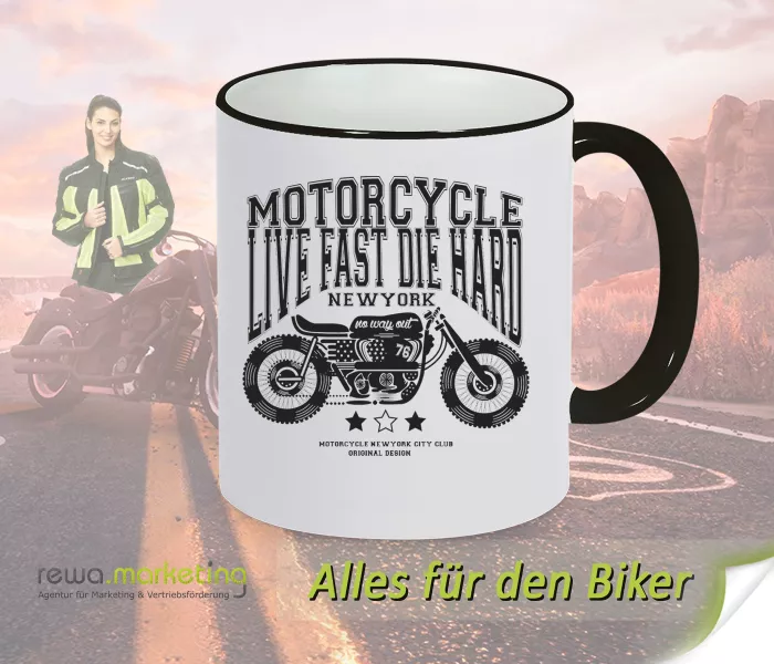 Keramik Ring Kaffee Tasse schwarz - weiss für Biker mit Motiv - Motorcycle LIVE FAST DIE HARD