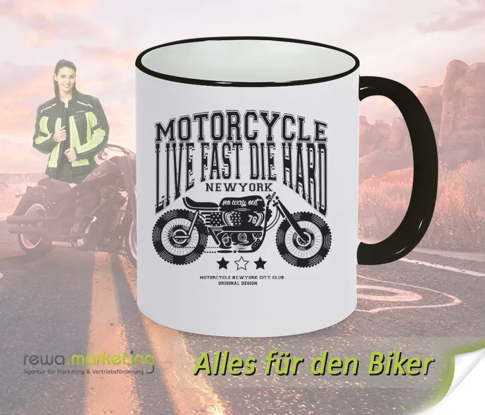 Keramik Ring Kaffee Tasse schwarz - weiss für Biker mit Motiv - Motorcycle LIVE FAST DIE HARD Keramik Ring Kaffee Tasse schwarz - weiss für Biker mit Motiv - Motorcycle LIVE FAST DIE HARD