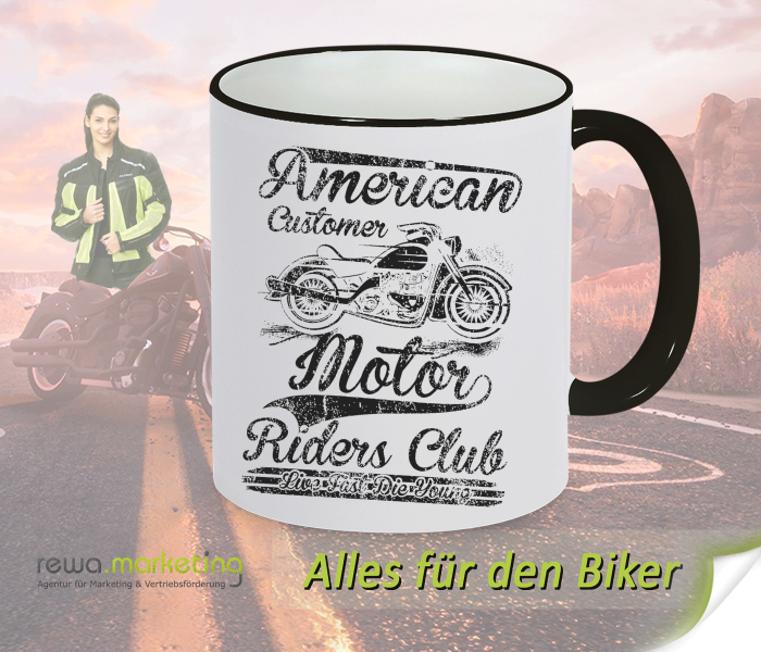 Keramik Ring Kaffee Tasse schwarz - weiss für Biker mit Motiv - American Costomer Motor Riders Club