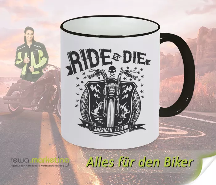 Keramik Ring Kaffee Tasse schwarz - weiss für Biker mit Motiv - Ride or Die - AMERICAN LEGEND