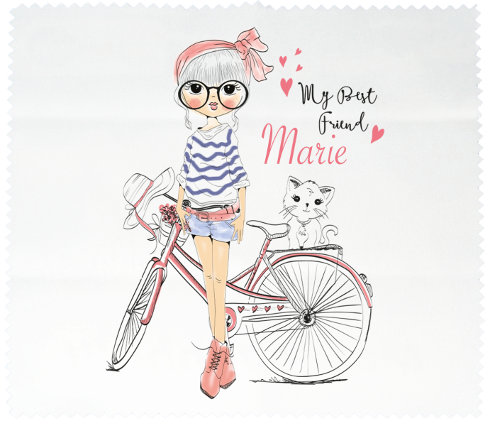 Glasses cleaning cloth young girl with bicycle and cat - imprint with desired name