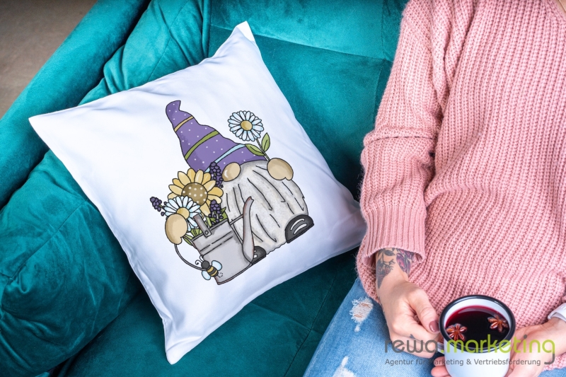 Cuddly pillow - gnome violette  with flowers, bees and watering can