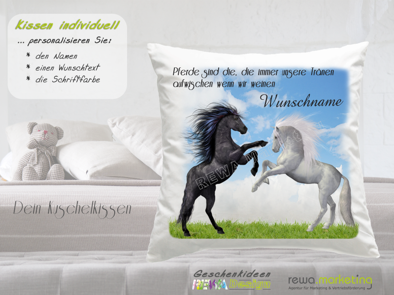 Cushion with horse motif - rising black and white horses - incl. desired name