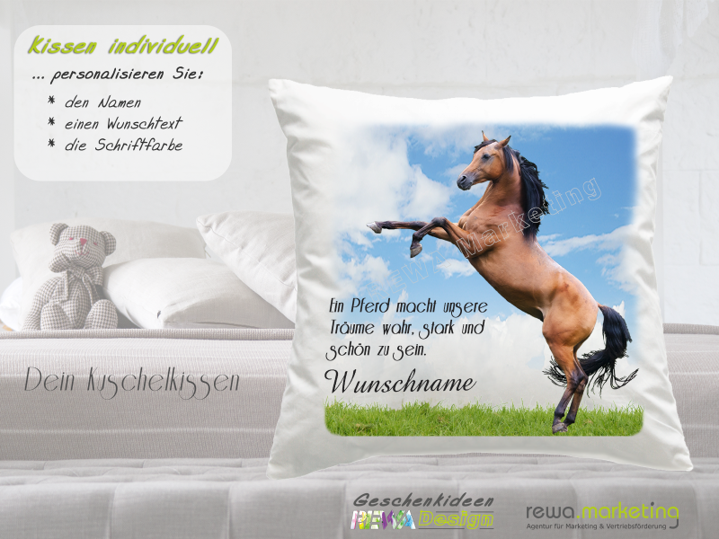 Cushion with horse motif - rising brown stallion - incl. desired name