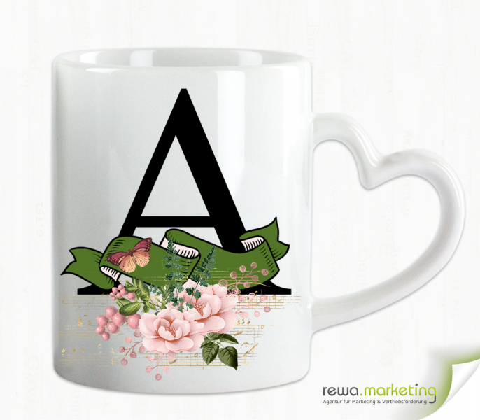Alphabet cup with banner and flowers