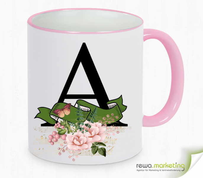 Alphabet cup with banner and flowers