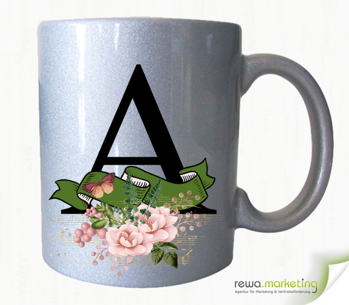 Alphabet cup with banner and flowers