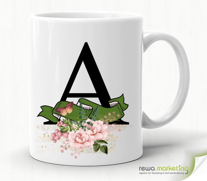Alphabet cup with banner and flowers