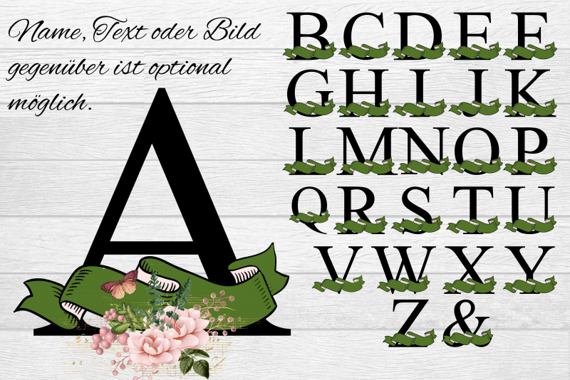Alphabet cup with banner and flowers