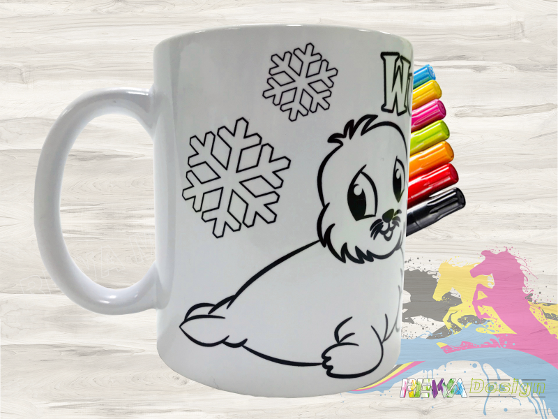 Coloring cup winter with seal and penguin including desired name