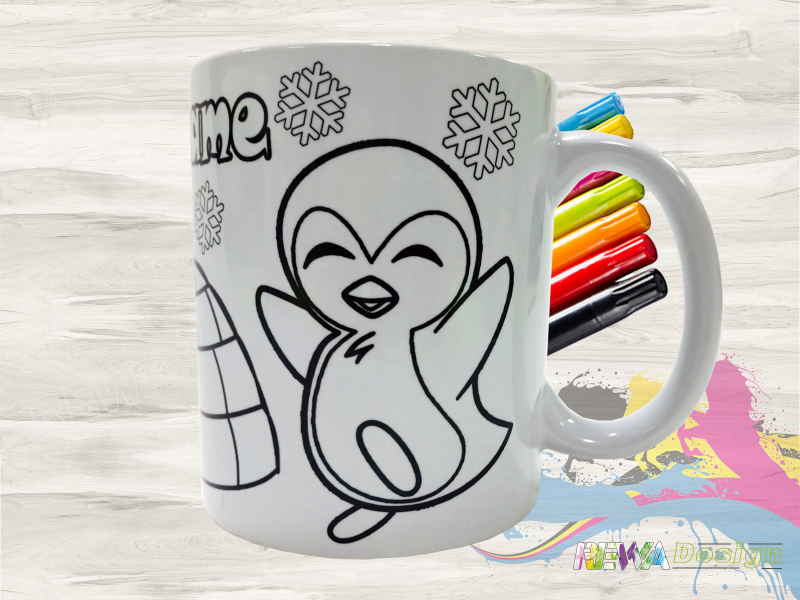Coloring cup winter with seal and penguin including desired name