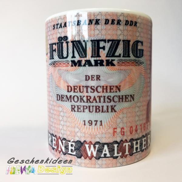 50 DDR Mark Ostalgie Erinnerung Spass Kaffeetasse / Becher inkl. Wunschnamen - Aufdruck
