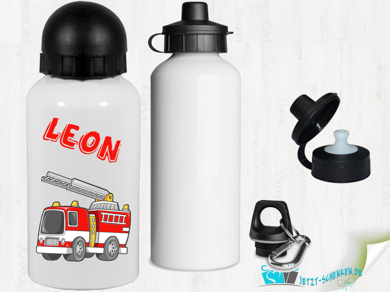 Fire engine with desired name 500 ml aluminum drinking bottle with snap hook