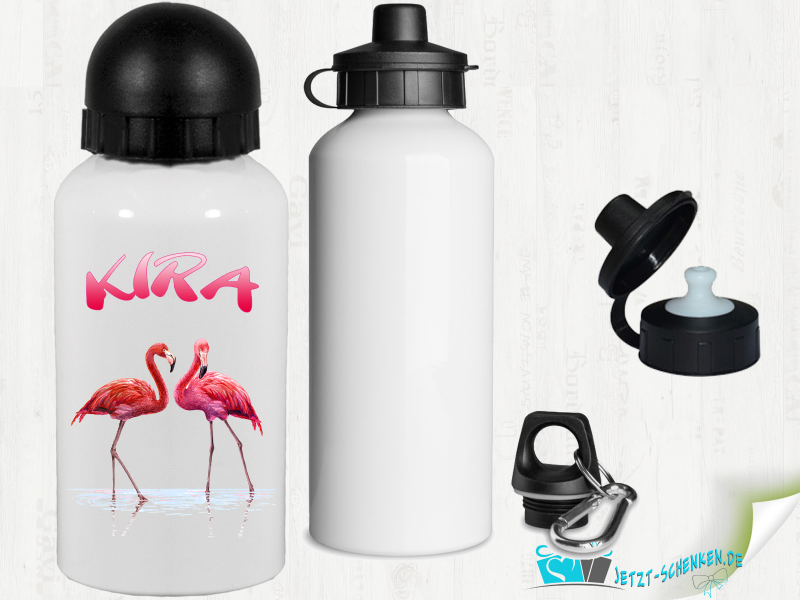 Flamingos with desired name 500 ml aluminum drinking bottle with snap hook