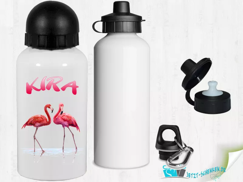 Flamingos mit Wunschname 500 ml Alu Trinkflasche mit Karabinerhaken Flamingos mit Wunschname 500 ml Alu Trinkflasche mit Karabinerhaken