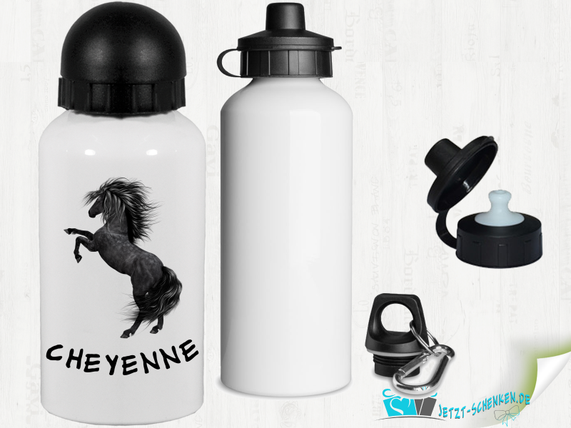 Black stallion with desired name 500 ml aluminum drinking bottle with snap hook