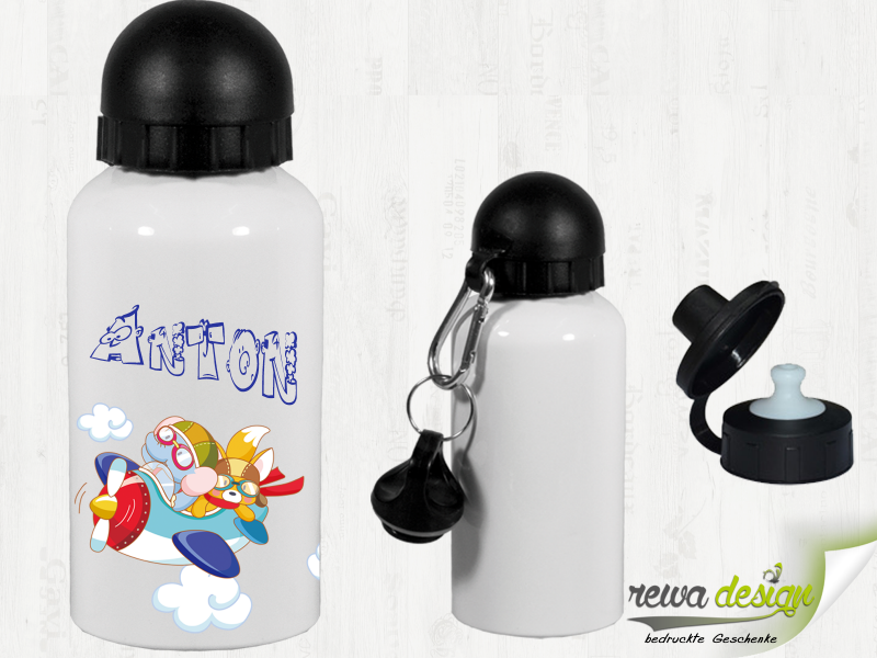 Elephant on the plane with desired name 500 ml aluminum drinking bottle with carabiner
