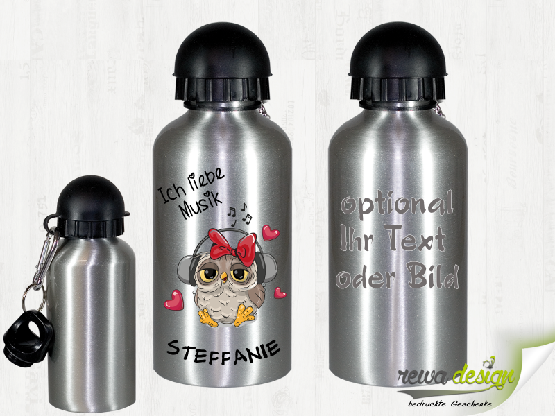 Music owl with desired name 500 ml aluminum drinking bottle with snap hook