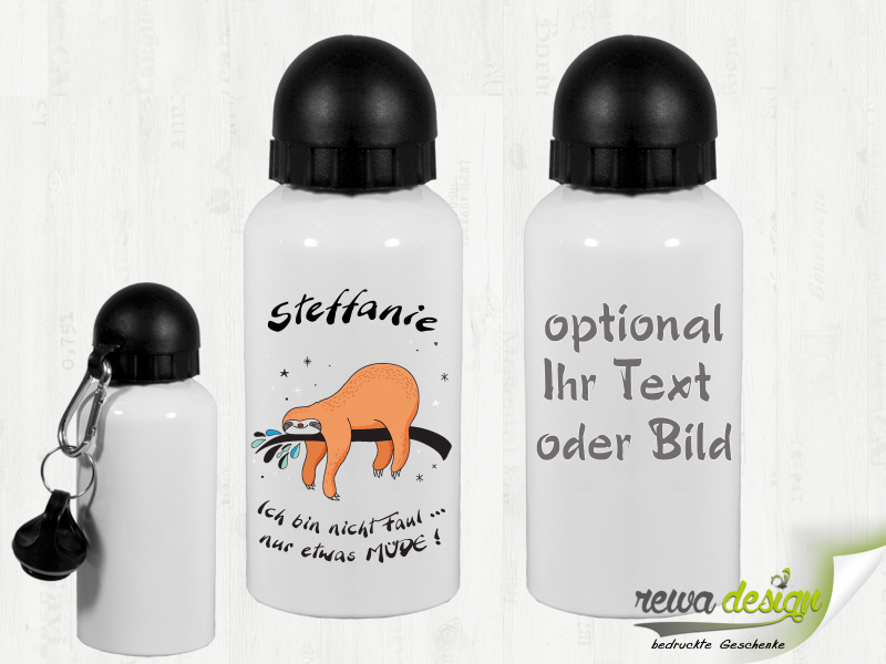 Sloth with desired name 500 ml aluminum drinking bottle with snap hook