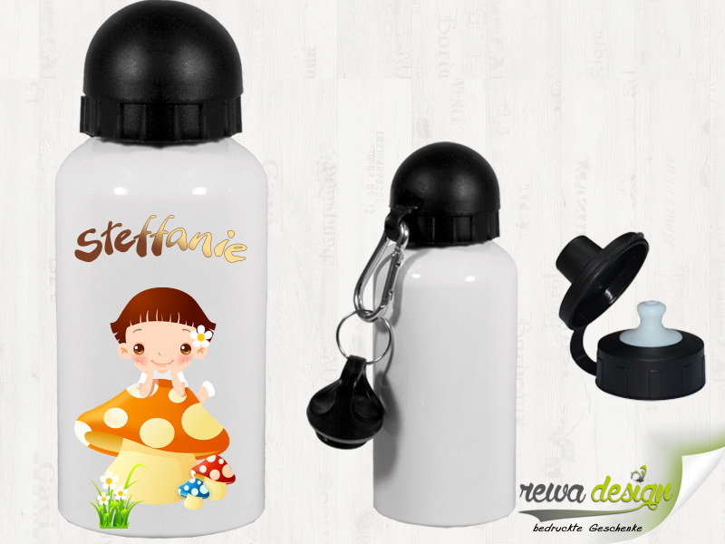Girl on a toadstool with desired name 500 ml aluminum drinking bottle with snap hook