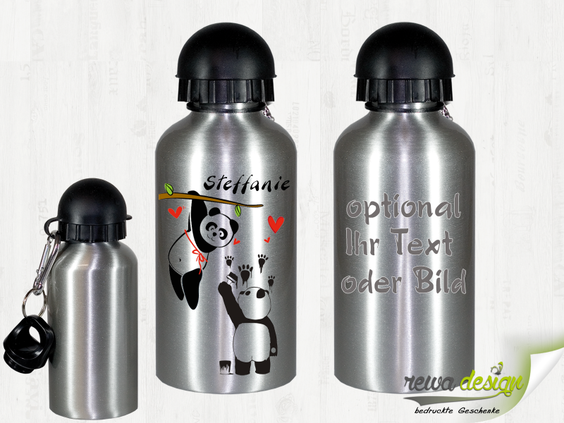Panda Pärchen mit Wunschname 500ml Alu Trinkflasche mit Karabinerhaken