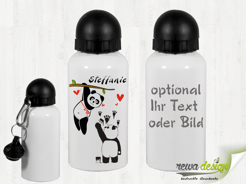Panda Pärchen mit Wunschname 500ml Alu Trinkflasche mit Karabinerhaken