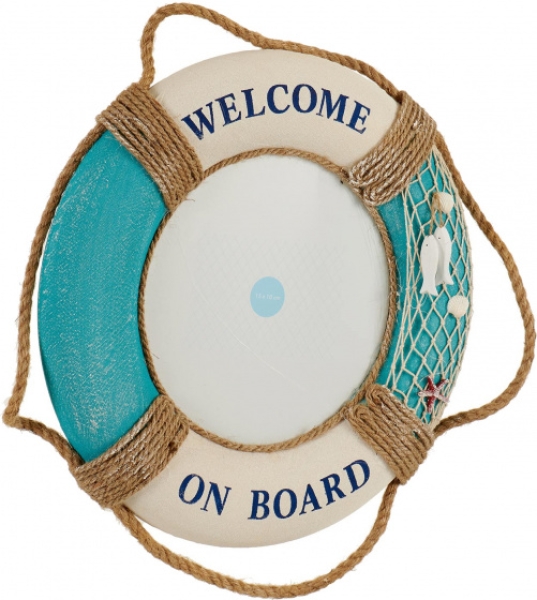 Decorative picture frame as a lifebuoy made of wood in turquoise