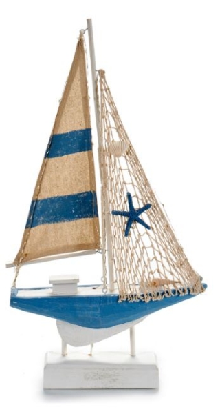 Decorative wooden sailing boat in blue with LED