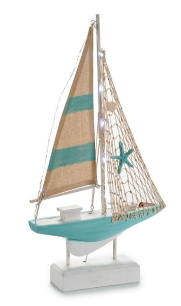 Decorative wooden sailing boat in turquoise with LED