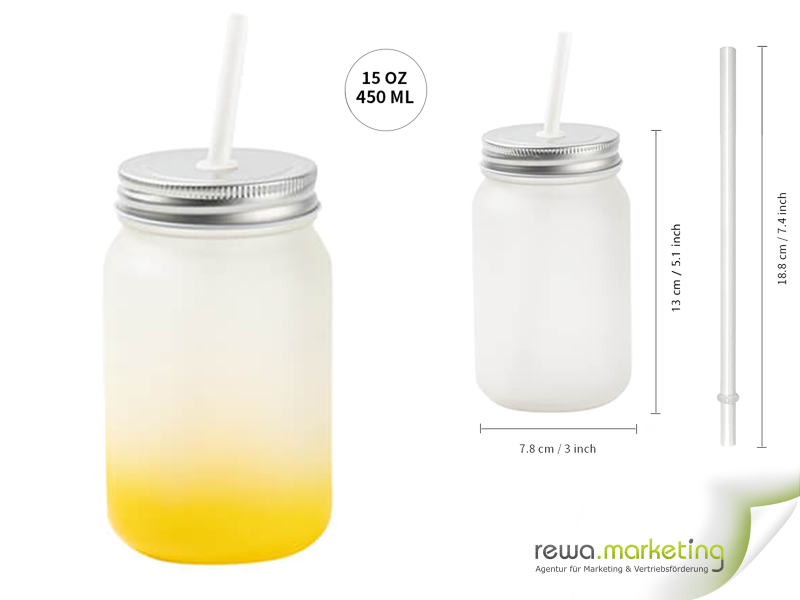 Drinking cup - Mason Jar - satin finish with straw in yellow